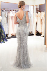Sparkly V-Neck Tassels Mermaid Prom Dress Sequins Party Gown